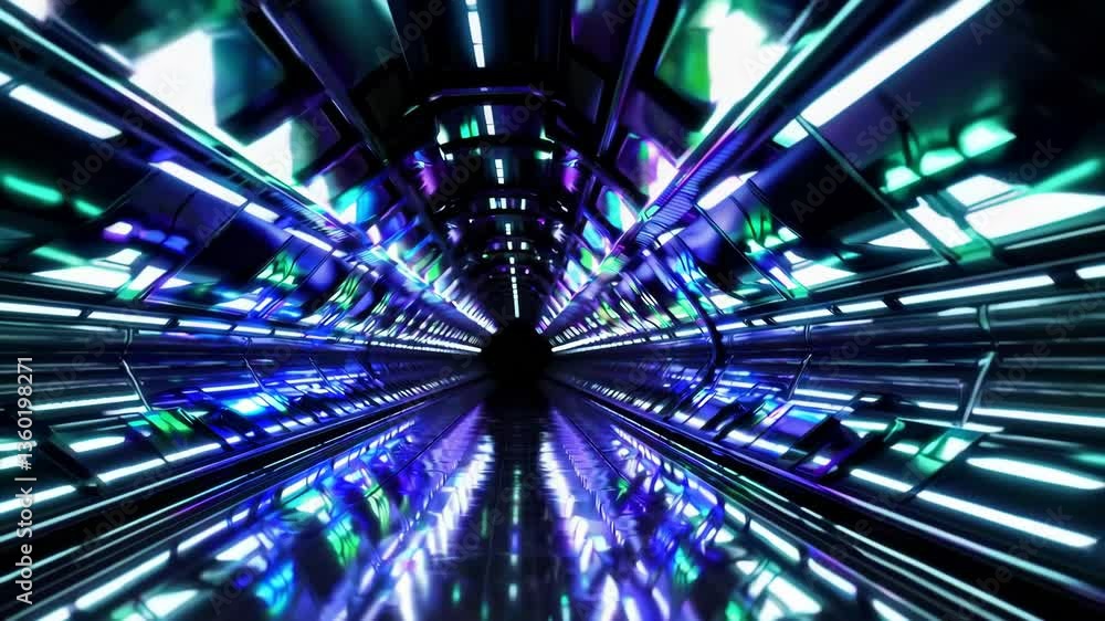 Poster futuristic neon light tunnel with dynamic reflections and vivid color transition in abstract motion