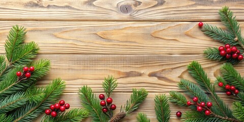 Rustic Wooden Background Decorated with Festive Evergreen Branches and Bright Red Berries for Holiday Season