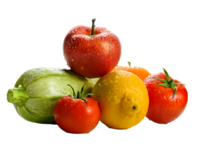Fresh wet fruits and vegetables on transparent background