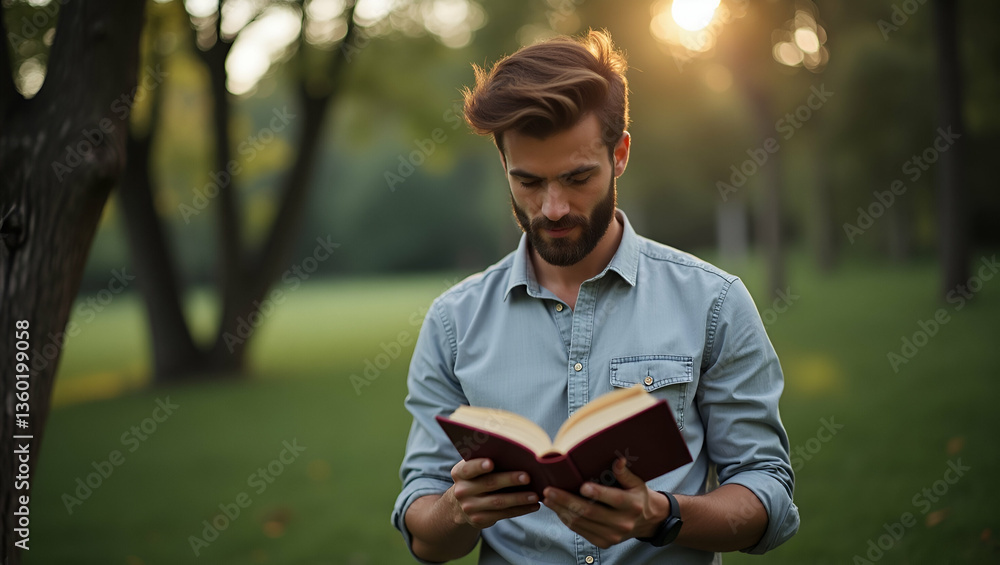 Poster man immersed in literature: captivating photo stock concept of intellectual engagement and personal 