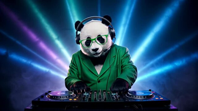 Panda bear disc jockey in a green suit mixing music with smoke and colored lights