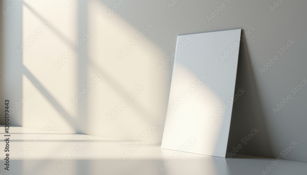 Poster a blank white canvas leans against a wall, with soft sunlight creating dynamic shadows. this minimal