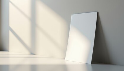 Fototapeta premium A blank white canvas leans against a wall, with soft sunlight creating dynamic shadows. This minimalistic setup is ideal for showcasing artwork, designs, or creative concepts in an elegant setting