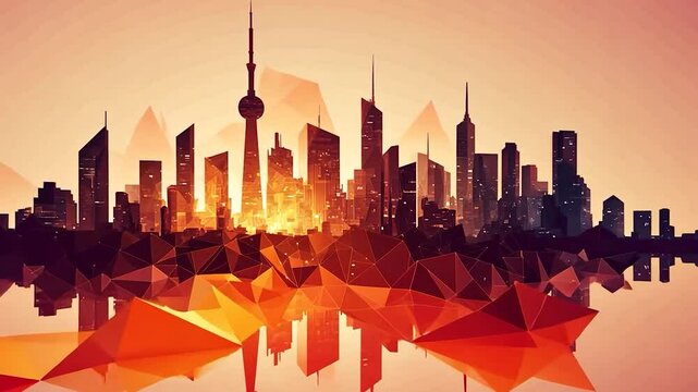 Geometric Shanghai Skyline Sunrise Reflection
