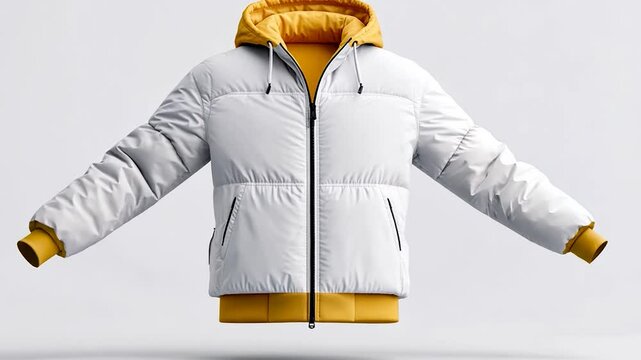 Stylish white and yellow puffer jacket floating against a clean backdrop, showcasing modern fashion