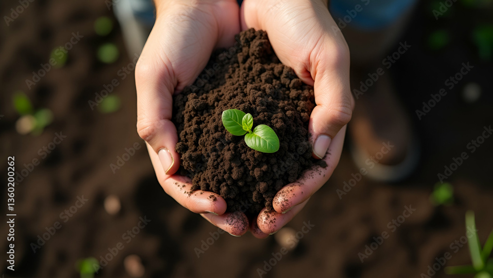 Poster top view of hands cupping soil: verifying quality for smart farming and advanced agriculture techniq