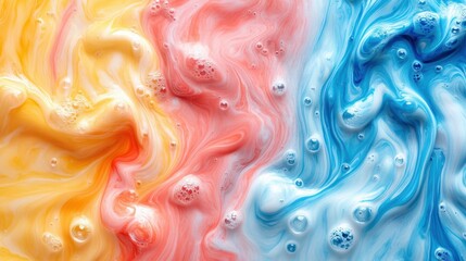 Obraz premium Vibrant swirling colors blend, creating an abstract design with soft, frothy texture. A mix of yellow, pink, and blue hues combine and intertwine with air bubbles