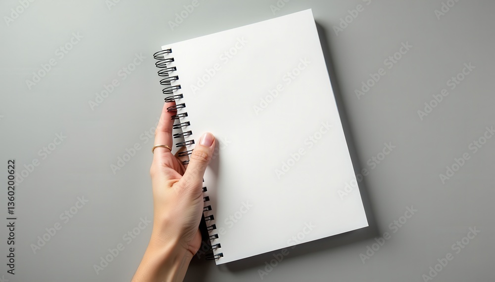Poster a blank spiral-bound notebook is held in one hand against a plain gray background. perfect for showc
