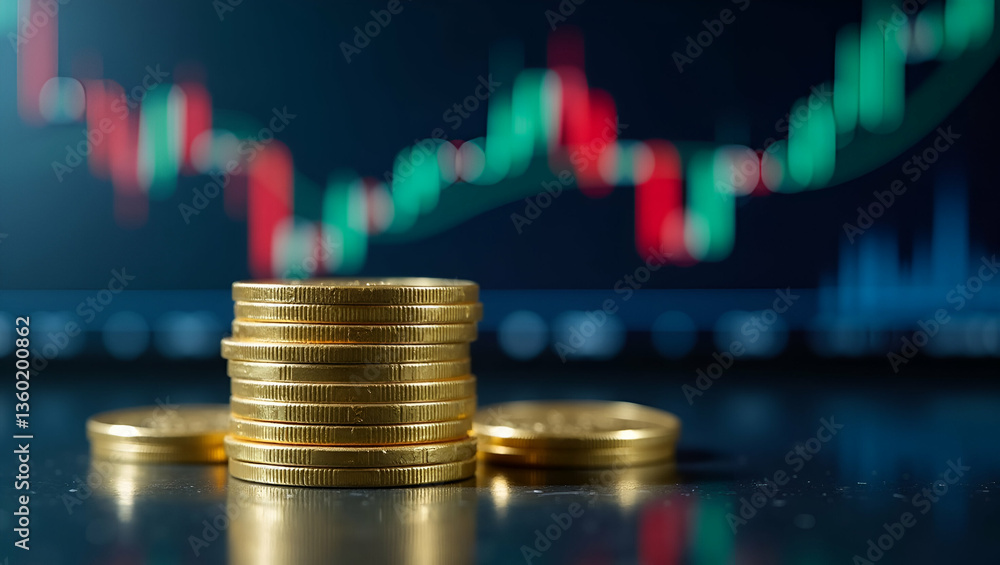 Poster flat stacked gold coins reflecting on table with financial stock market graph background - a simple 