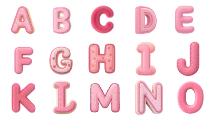 A delightful collection of pink alphabet cookies, some fluffy, some iced, perfect for a sweet celebration or whimsical design project with soft, pastel tones.