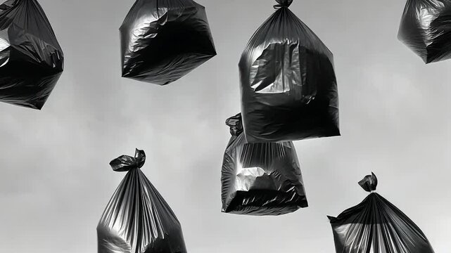 Floating Garbage Bags Against Gray Sky