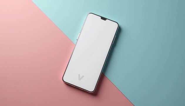 A smartphone mockup with a white screen and a small notch at the top, set against a background split into pink and blue sections. Its minimal design includes a bold "V" logo on the screen