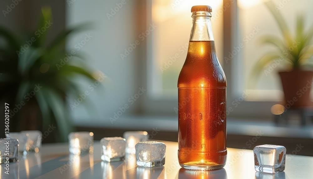 Poster a glass bottle filled with brown liquid rests on a table surrounded by ice cubes. the blurred backgr