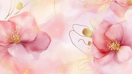 Luxury wallpaper design with pink flowers, line art, golden texture. Elegant illustration suitable for fabric, prints, cover