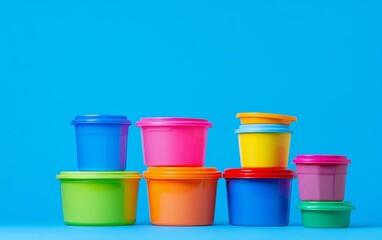 Colorful Plastic Storage Containers on Blue Background