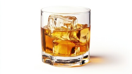 A glass of whiskey on the rocks with large ice cubes, set against a clean, neutral background