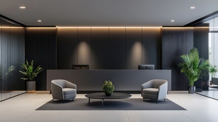 A modern waiting area with a grey sofa, armchair, and coffee table in a stylish office setting. Minimalist design with dark walls and soft lighting.