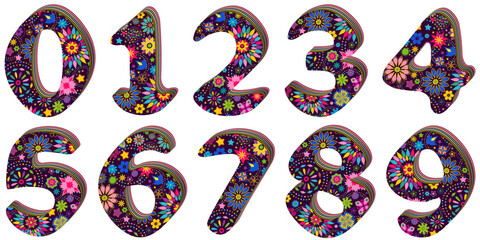 Vector images of Arabic numerals with a vintage colorful floral pattern isolated on a transparent background