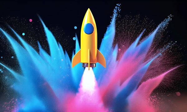 A yellow rocket blasts off amidst vibrant pink and blue smoke, a stunning display of launch and power