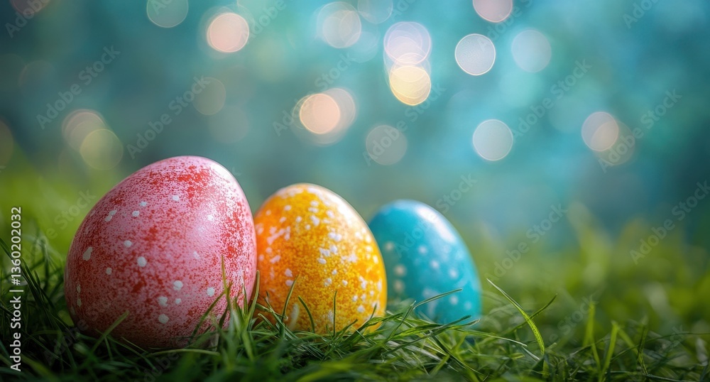 Poster three colorful easter eggs on grass with a soft blurred background and sparkling light highlights ce