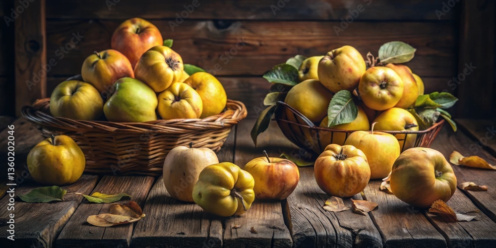 Poster rustic still life featuring a collection of golden and red apples in woven baskets on a weathered wo