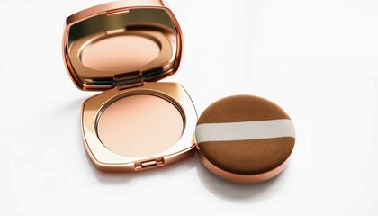 Obraz premium Isolated pink blush and brown brush with makeup powder cosmetics for face beauty