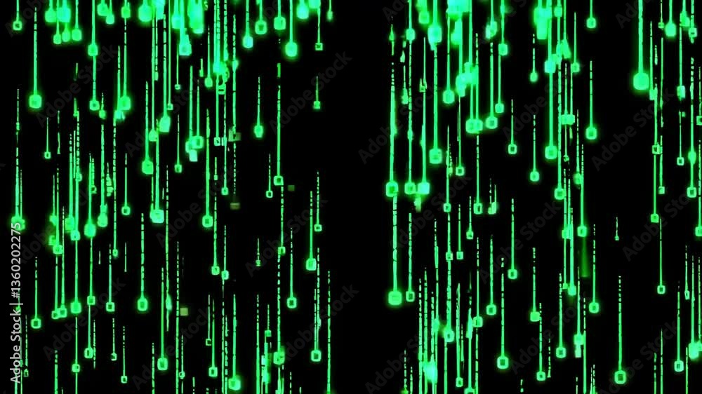 Poster digital rain cascades: futuristic green code flow animation in high definition
