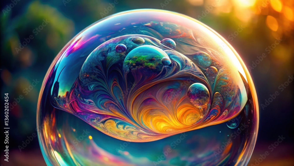 Poster A vibrant iridescent sphere encapsulating swirling colorful patterns and smaller bubbles within a larger bubble
