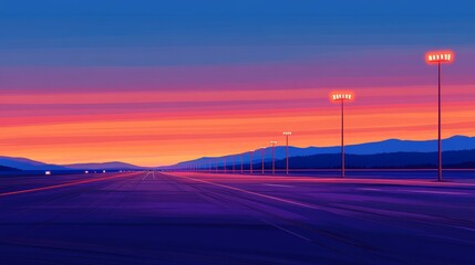Fototapeta premium Vibrant sunset over a deserted highway with distant mountain and glowing streetlight