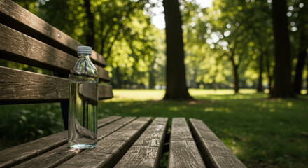 Detox water bottle resting on a park bench in a sunny setting  