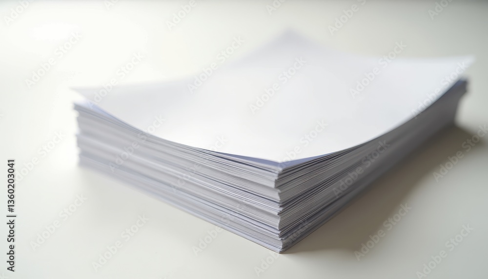 Poster a stack of blank white paper sheets is neatly placed on a smooth, flat surface. this minimalist setu