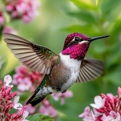 Fototapeta premium Iridescent Hummingbird Hovering Near Pink Flowers