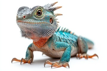 Obraz premium Colorful blue iguana with spiky crest and intricate scales on white background