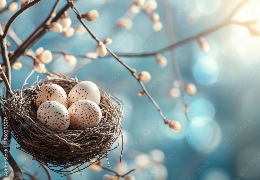 Poster tranquil bird nest with speckled eggs displayed among delicate branches and soft blurred background 
