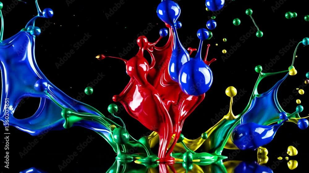 Poster vibrant colorful paint splashes in dynamic synchronized motion burst on black background