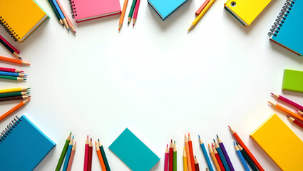 Desks and school supplies border with copy space for World Teachers Day messages concept as Desks school supplies border offering space for messages honoring educators and their tools in  Photo Stock 