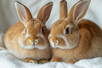 Obraz premium Adorable pair of fluffy brown rabbits relaxing on soft white blanket