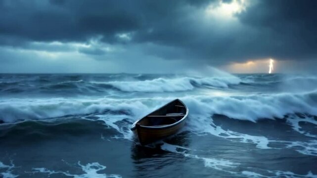 Small Paddleboat Battles Against Towering Waves in a Violent Ocean Storm as Lightning Flashes and Heavy Rain Pours Down Creating a Dramatic Contrast Between Fragility and the Fury of Nature.
