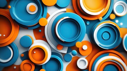 Abstract geometric background with layered circles in orange, blue, and white colors.
