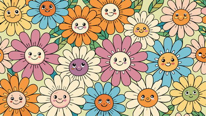 Groovy flower cartoon characters. Sticker pack in trendy retro trippy style. Funny happy daisy with eyes and smile.  Isolated vector illustration. Hippie 60s, 70s style. AI, EPS, SVG, PNG, JPEG Source