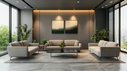 Fototapeta premium A modern waiting area with grey sofas, a glass coffee table, and decorative plants in a stylish office interior