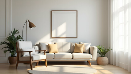 Stylish Living Room Design: Cozy Home Environment with Sofa Chair and Picture Frame - Simple Flat Cute Vector Illustration for Smart Business Tone