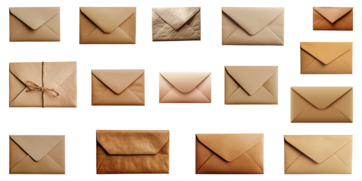 Envelopes, variety of sizes and shades, organized in a grid, minimalist, paper texture, natural colors, detailed shadows, isolated on transparent background, modern design, high-resolution
