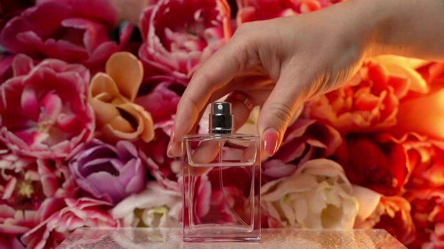 Spraying perfume. Floral aroma. Perfume spray on a bright multicolored floral background. 