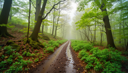 Obraz premium Misty forest path winding through lush greenery, tranquil nature