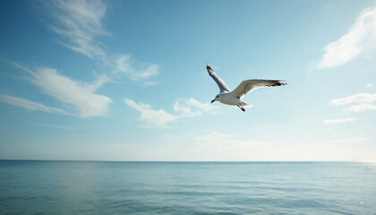 Fototapeta premium Serene seaside moment with a single seagull soaring above a calm ocean, blue sky with wispy white clouds, slightly tilted angle, soft diffused sunlight 