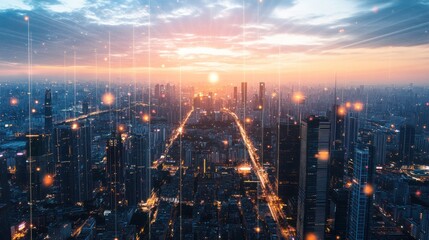 Obraz premium Cityscape showing data transfer above a busy urban environment at dusk