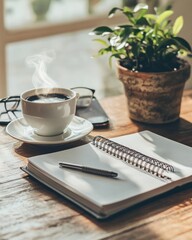 A warm cup of coffee, a notebook, and a pen on a wooden desk