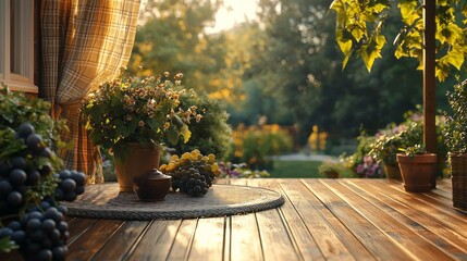 Golden rays of late afternoon sun illuminate a cozy porch adorned with vibrant flowers and clusters of ripe grapes, creating a peaceful outdoor haven for relaxation