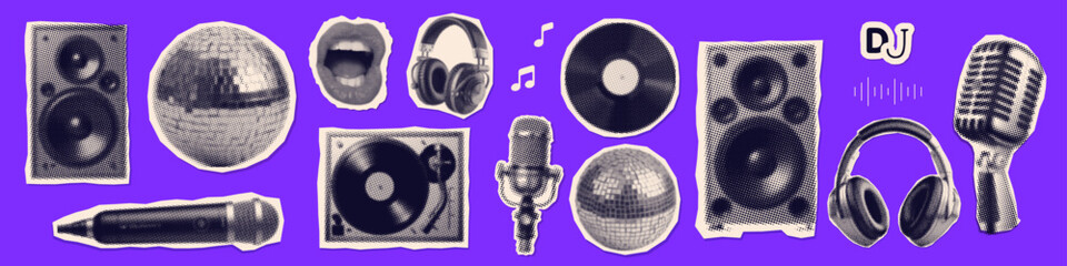 Trendy Music karaoke halftone collage torn out paper elements set. Retro microphones, headphones, singing mouths, speaker stickers. Vintage grunge vector illustration on neon background © LanaSham